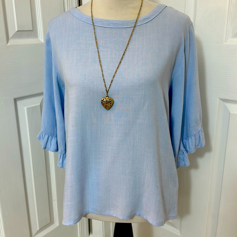 SOLD Amaryllis Light Blue 3/4 Sleeve Cotton Blouse with Ruffled Sleeves Size M